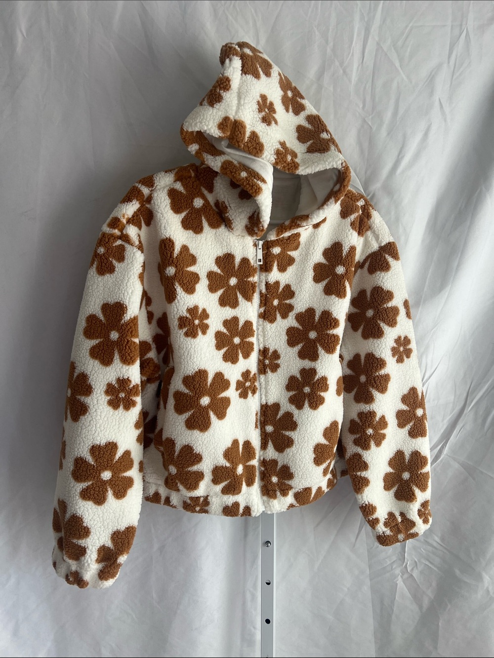 Wild Rose White Sherpa Hoodie Jacket with Brown Floral Print